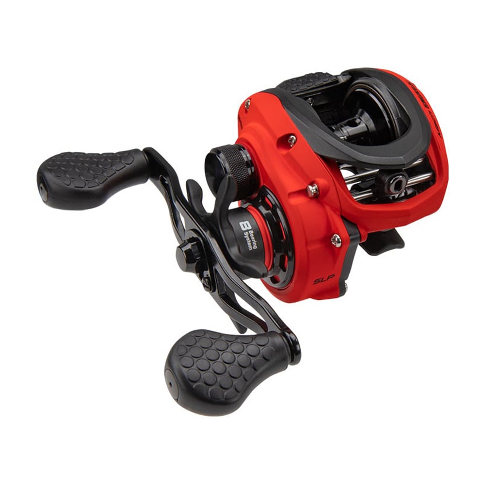 The Lew's Mach Smash SLP 7.5:1 Left Hand Casting Reel (MHS1SHL) features a red and black design, textured handles, sleek modern look, and precision Speed Gears, shown against a white background.