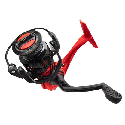 The Lew's Mach Smash 6.2:1 Spinning Reel (MHS300) features a red and black design, lightweight graphite body, textured grip handle, and exposed spool for a sleek and functional fishing experience.