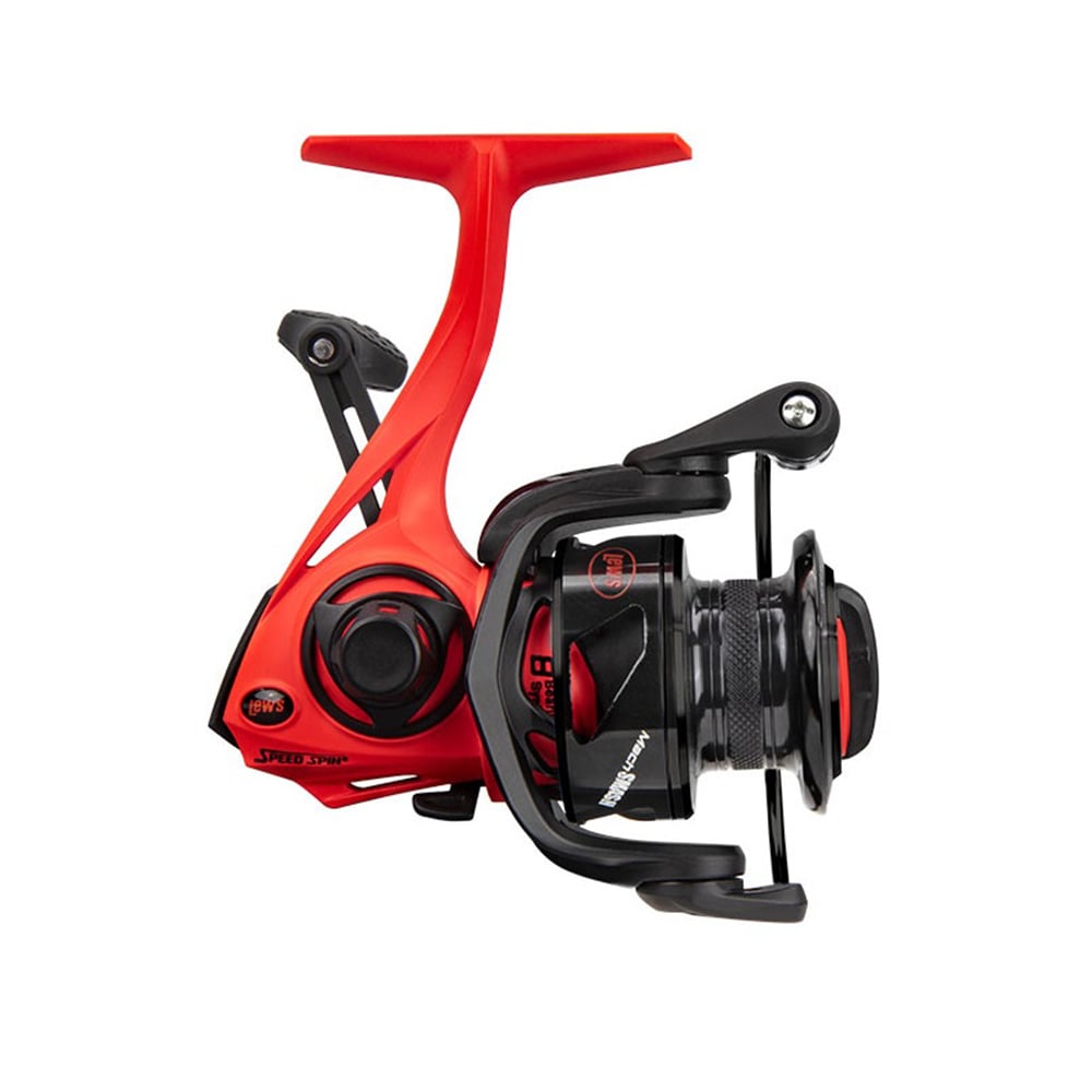 The Lew's Mach Smash 6.2:1 Spinning Reel (MHS200) features a sporty red and black design, handle, spool, bail arm, high-speed gear ratio, and Lew's branding—perfect for attaching to your fishing rod.
