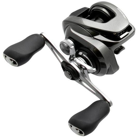 Close-up of the Shimano Metanium MGL 150HGB Casting Reel with dual handles and ergonomic black grips for comfort. Its Magnesium CoreSolid Body ensures durability, while the MGL III spool offers effortless line winding. This modern reel by Shimano boasts a 7.1:1 gear ratio.