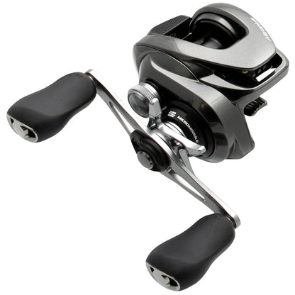 The Shimano Metanium MGL 150XGB 8.1:1 Casting Reel by americanlegacyfishing features a silver and black design with two ergonomic handles, compact build, precision knobs, and a Magnesium CoreSolid Body for smooth casting and control.