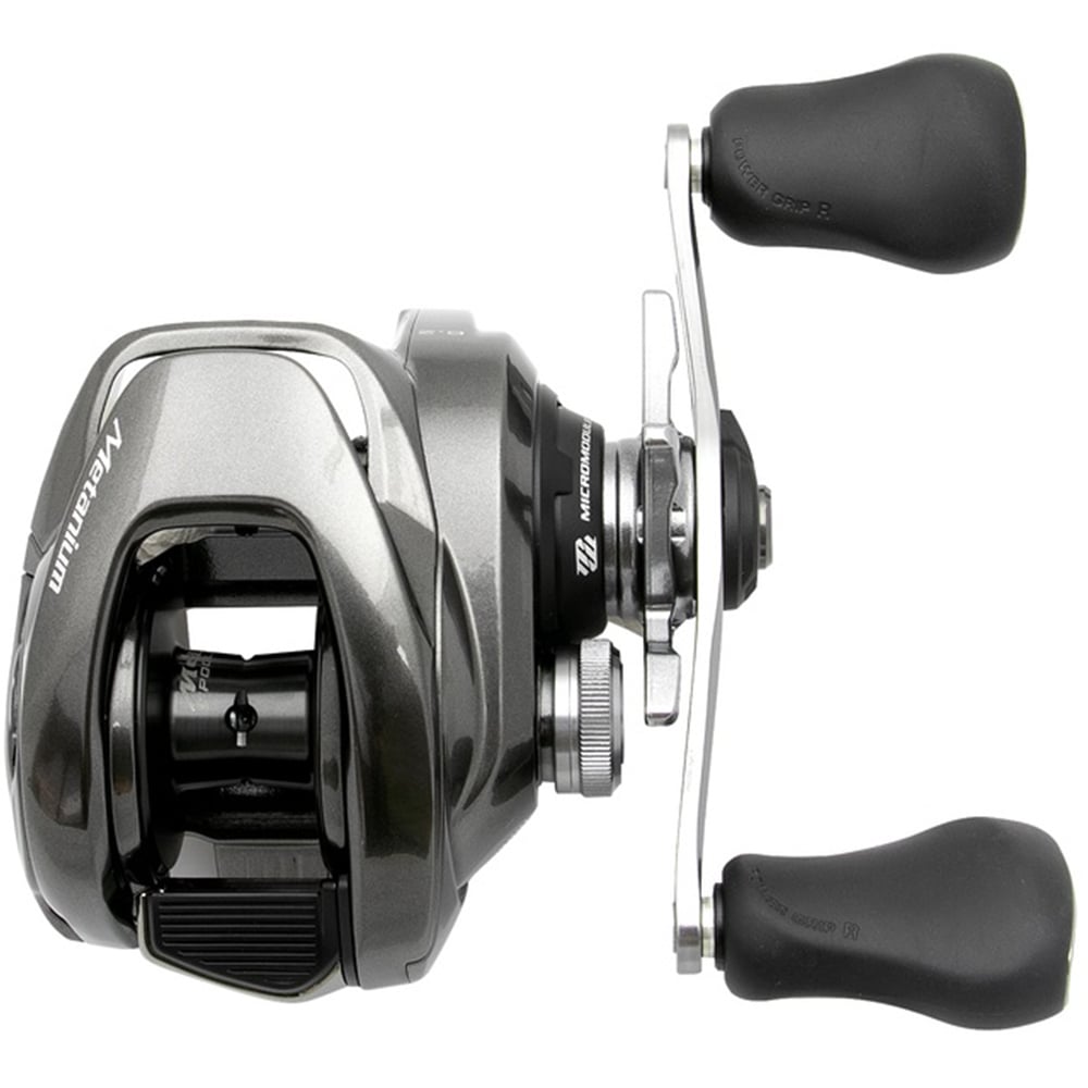 A close-up of the Shimano Metanium MGL 150XGB casting reel featuring two black handles, a sleek design with "Metanium" branding on its side, and a durable Magnesium CoreSolid Body from americanlegacyfishing, perfect for enhancing your angling experience.
