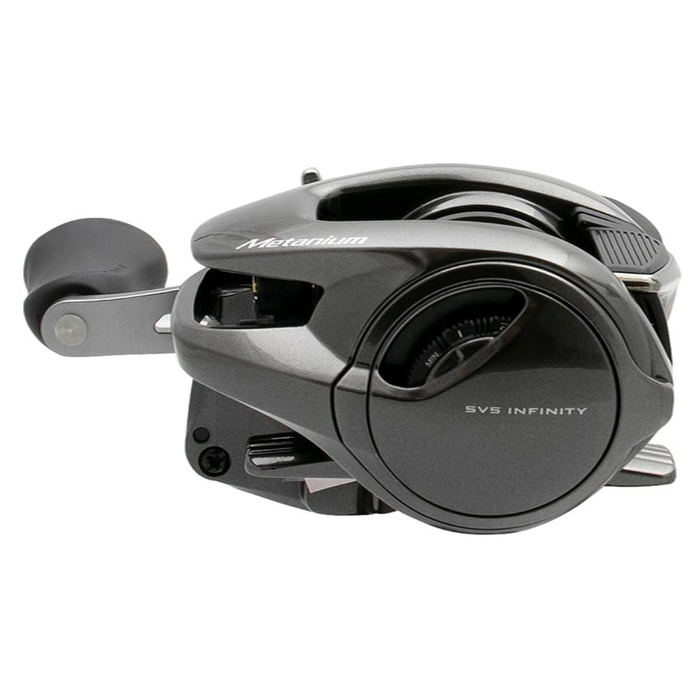 The Shimano Metanium MGL 150XGB 8.1:1 Casting Reel by americanlegacyfishing showcases a sleek gray baitcasting design with a Magnesium CoreSolid Body and a left-side handle, prominently featuring "Metanium" and "SVS Infinity" for top-tier performance.