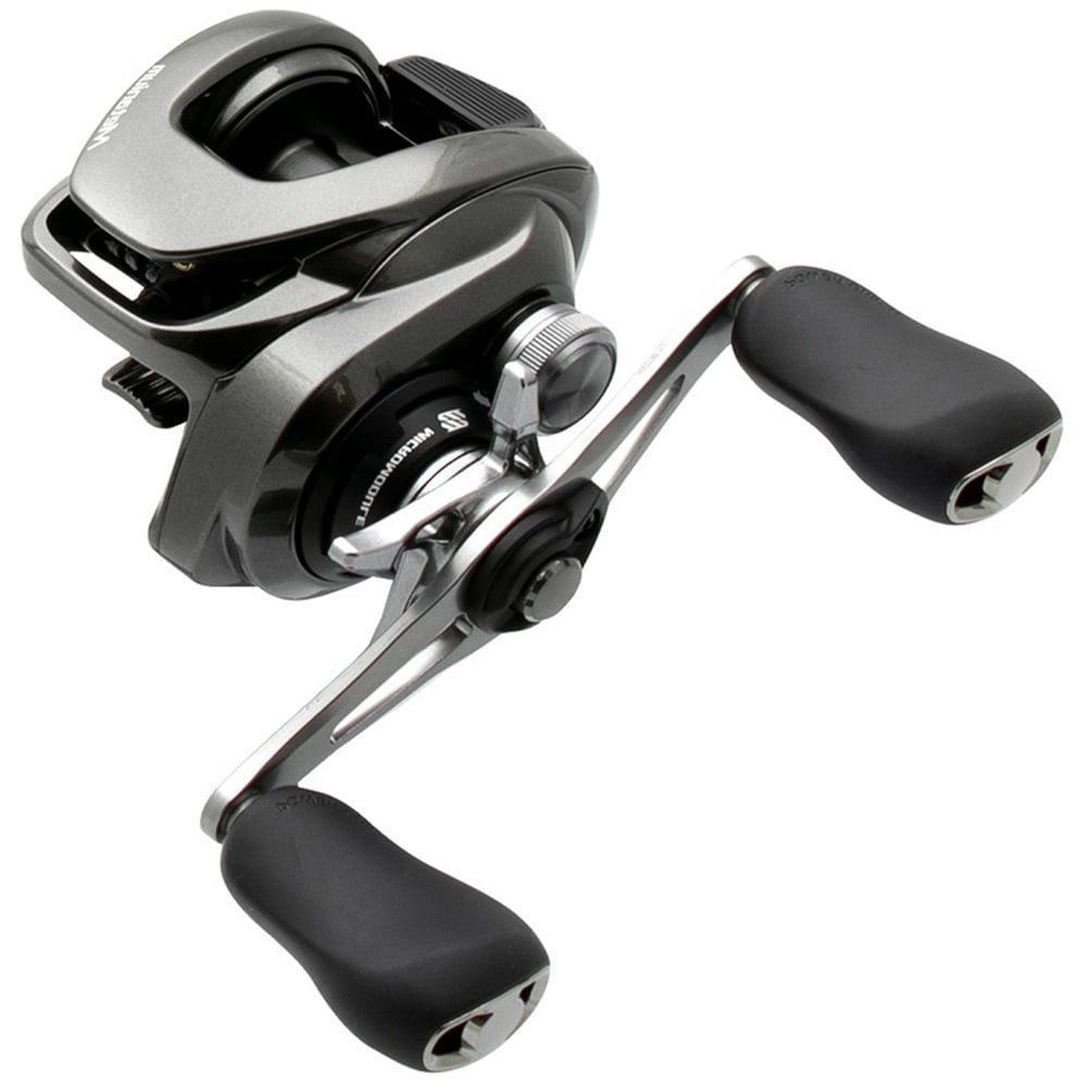 The Shimano Metanium MGL 151HGB Left Hand Casting Reel from americanlegacyfishing features a Magnesium CoreSolid Body with a dual grip handle and visible adjustment knobs, offering precision casting through its advanced SVS Infinity Braking system.