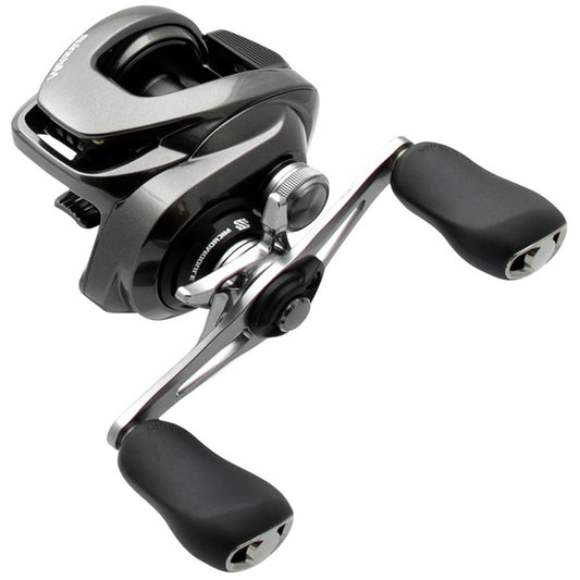 The Shimano Metanium MGL 151HGB Left Hand Casting Reel from americanlegacyfishing features a Magnesium CoreSolid Body with a dual grip handle and visible adjustment knobs, offering precision casting through its advanced SVS Infinity Braking system.