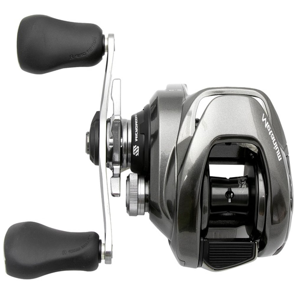 A silver and black Shimano Metanium MGL 151XGB 8.1:1 left hand baitcasting reel with two rubberized handles, shown side view against a white background, featuring a durable Magnesium CoreSolid Body.