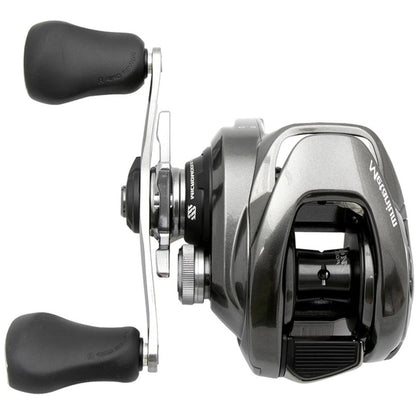 A silver and black Shimano Metanium MGL 151XGB 8.1:1 left hand baitcasting reel with two rubberized handles, shown side view against a white background, featuring a durable Magnesium CoreSolid Body.