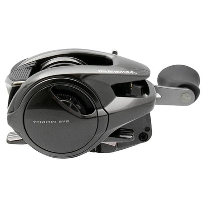 A close-up of a Shimano Metanium MGL 151B 6.2:1 Left Hand Casting Reel shows its Magnesium CoreSolid Body, round handle, SVS Infinity Braking with visible adjustment dials, and "SVS INFINITY" and "Metanium" labels on the side.