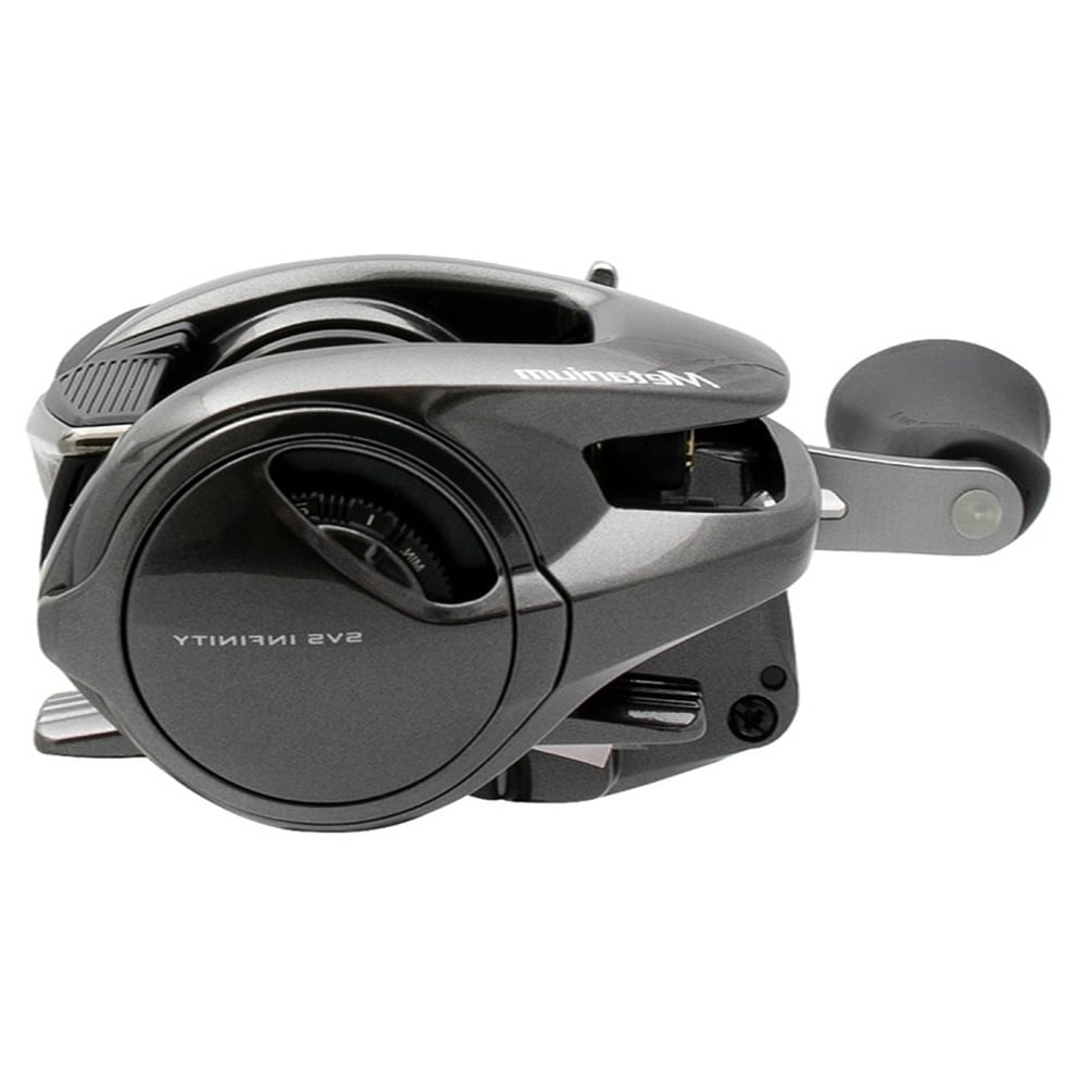 A close-up of the Shimano Metanium MGL 151XGB 8.1:1 Left Hand Casting Reel shows its sleek black design, visible handle, "SVS INFINITY" label, and durable Magnesium CoreSolid Body.