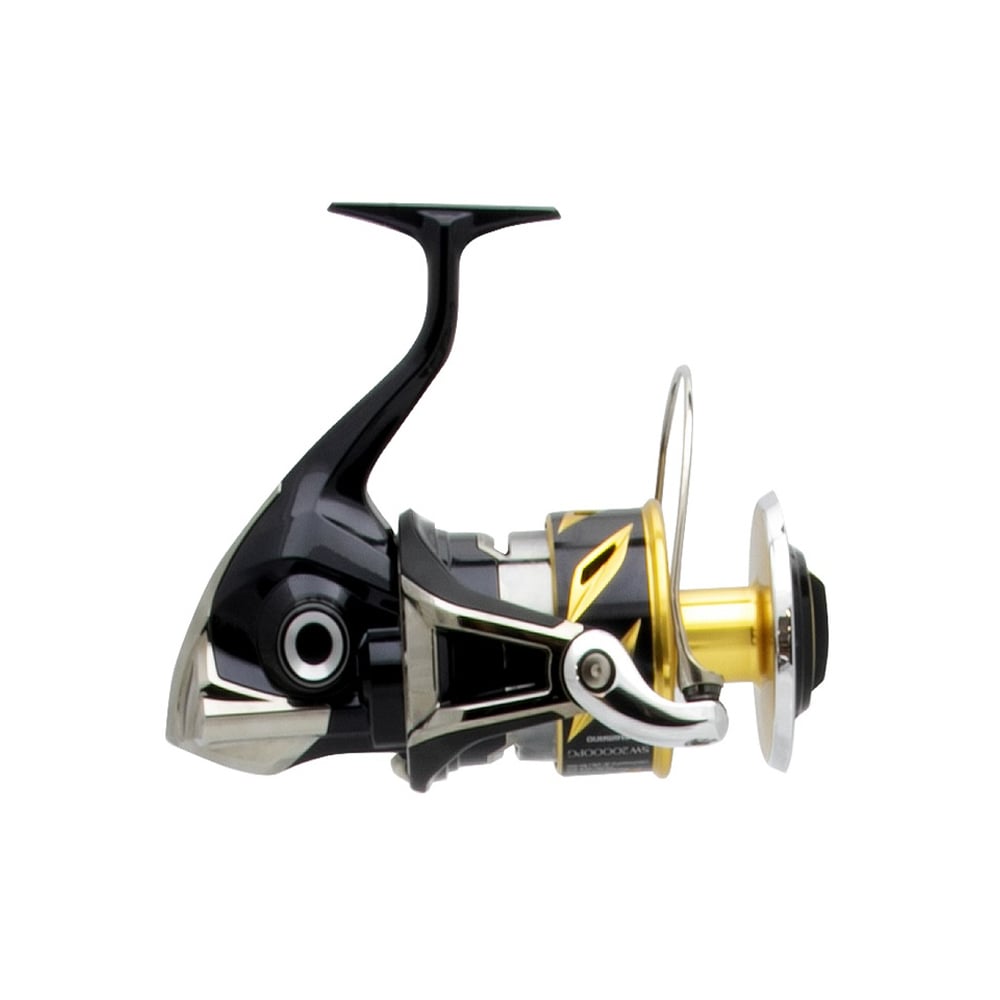 A close-up of the Shimano Stella SW C 8000PGC 4.9:1 Spinning Reel by Shimano, featuring a sleek black, silver, and gold design ideal for saltwater anglers, shown isolated on a white background.