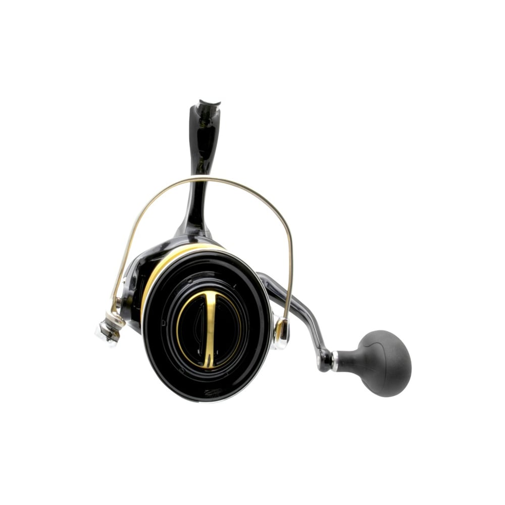 The Shimano Stella SW C 18000HGC 5.7:1 Spinning Reel (STLSW18000HGC) by Shimano features a black and gold design with side handle, displayed front-on against a white background—ideal for saltwater fishing.