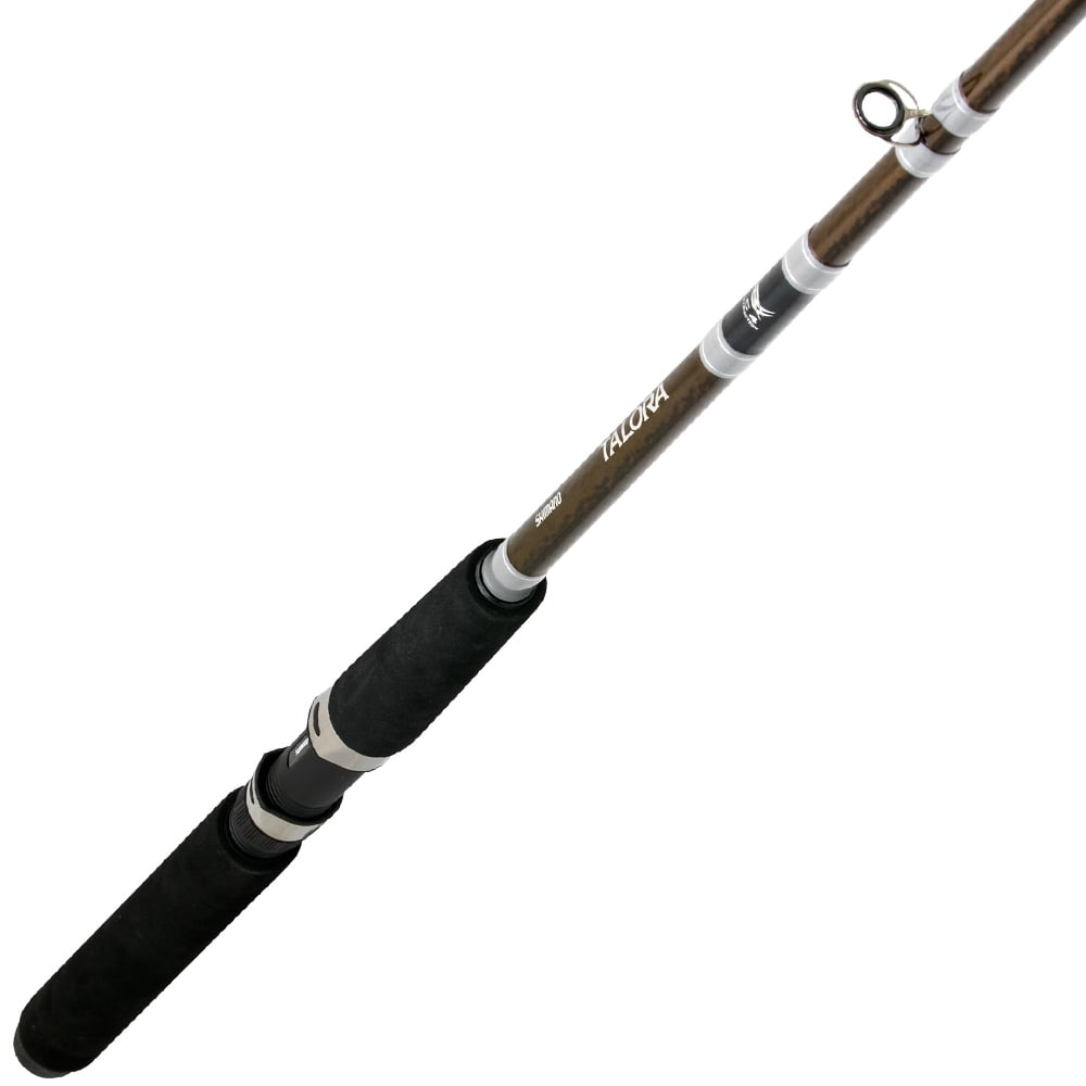 Get a close look at the Shimano Talora 7'0" Medium Leadcore Casting Rod (TLA70MCA) by Shimano, featuring a black foam handle, brown TC4 blank shaft, reel seat, and a single line guide for reliable leadcore performance.