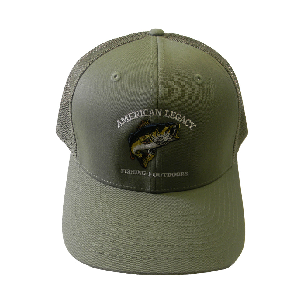 This green trucker cap, from American Legacy Fishing & Outdoors, features a mesh back and an embroidered "American Legacy Fishing + Outdoors" with a fish design inspired by bass.