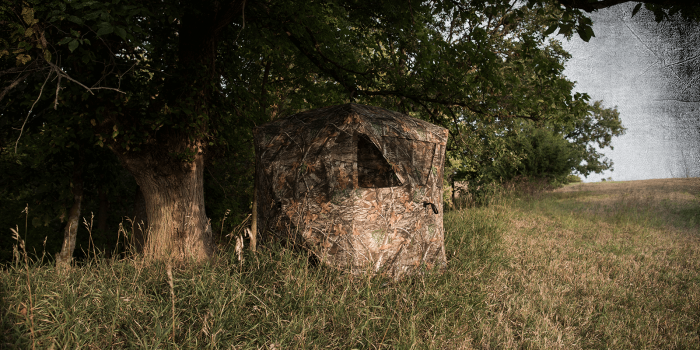 The Ameristep Care Taker Mossy Oak Bottomland Camo Blind by americanlegacyfishing (1MB2H134) is set up on grassy ground near trees, blending seamlessly with the natural surroundings at the woodland edge under dappled sunlight.