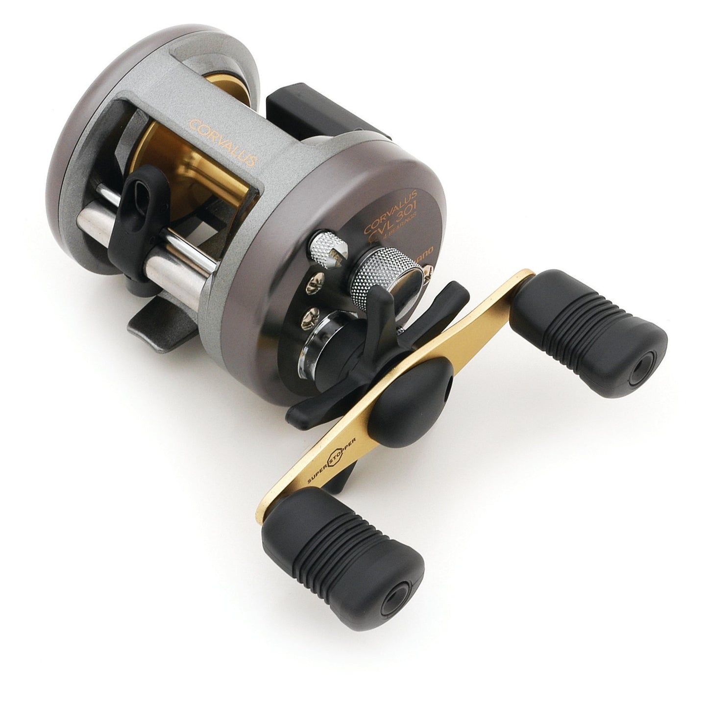 A close-up of the Shimano Corvalus Conventional Fishing Reel CVL301 by Shimano, featuring a diecast aluminum frame, black handle grips, and a gold crank arm, shown against a white background.