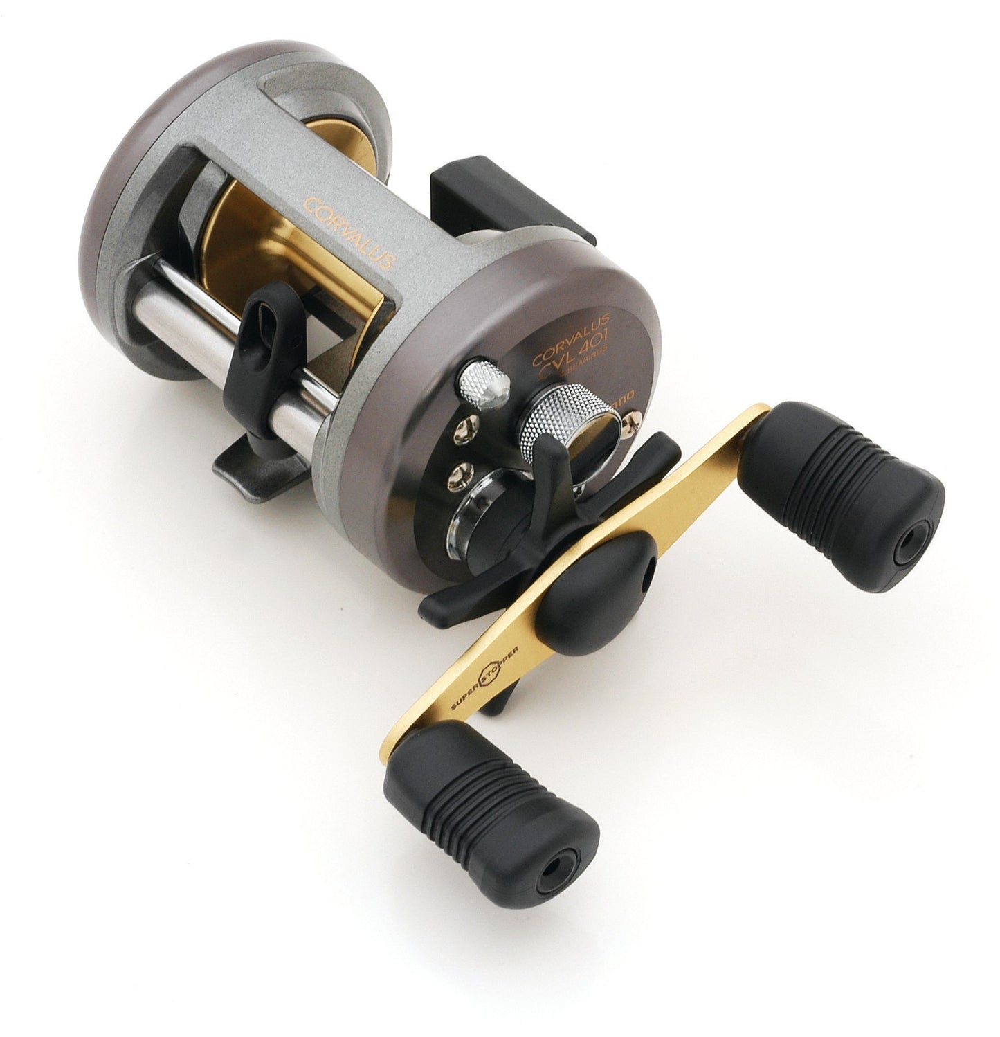The Shimano Corvalus CVL401 Conventional Fishing Reel by Shimano features a silver and gold finish, a dual black handle, diecast aluminum frame and spool, and is shown on a white background.