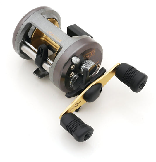 The Shimano Corvalus CVL401 Conventional Fishing Reel by Shimano features a silver and gold finish, a dual black handle, diecast aluminum frame and spool, and is shown on a white background.