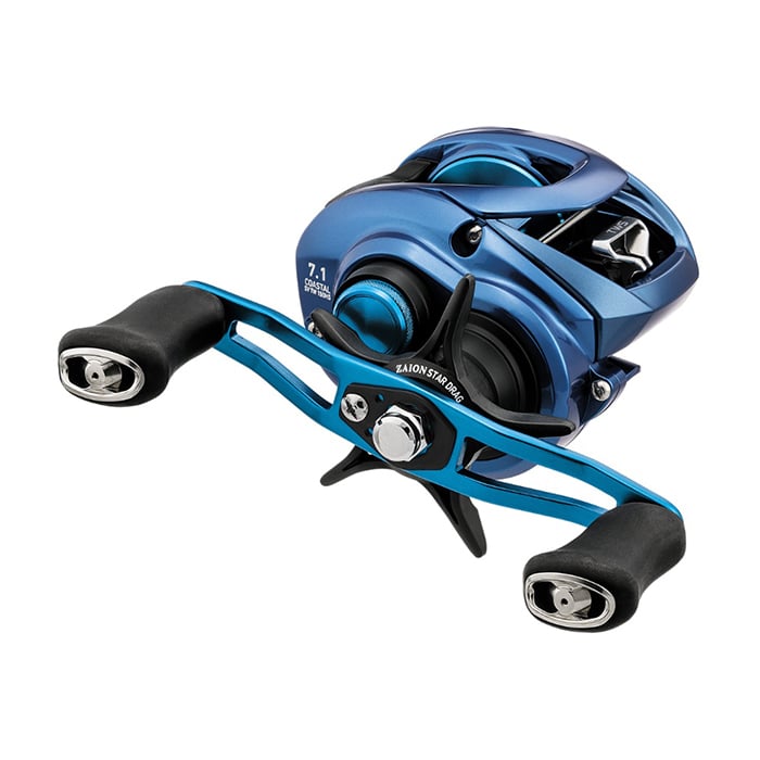 The Daiwa Coastal SV TW 7.1:1 Casting Reel (CLSVTW150HS) features a metallic blue finish, dual handles with black grips, and is ideal for saltwater fishing with its sleek and modern design.