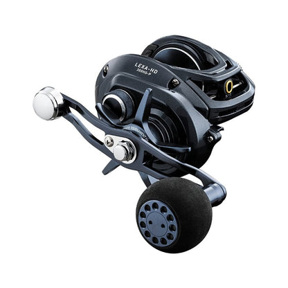 Discover the Daiwa Lexa Type HD 400HS-P 7.1:1 Casting Reel (LX-HD400HS-P) by Daiwa, in sleek black and silver, featuring a round handle grip and assorted levers. Its CRBB Corrosion Resistant Ball Bearing System ensures smooth performance for any fishing adventure.