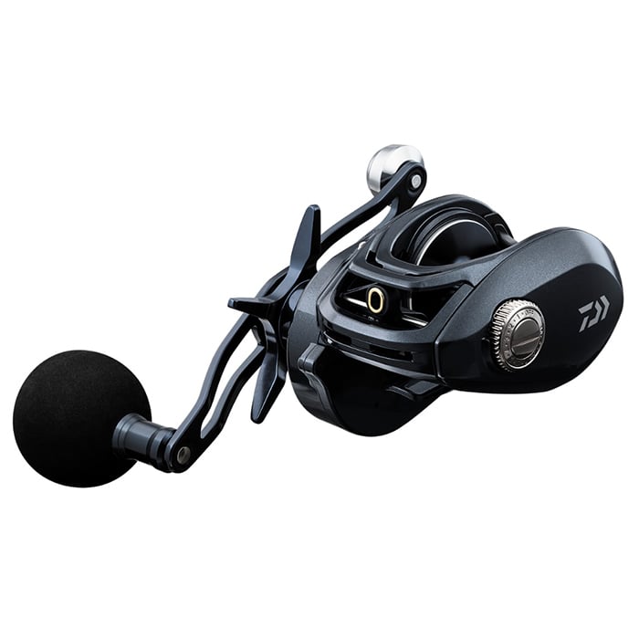 A detailed image of the Daiwa Lexa Type HD 300HSL-P 7.4:1 left-hand casting reel highlights its black and silver finish, featuring a foam-grip handle, metal spool, and corrosion-resistant ball bearings that showcase meticulous craftsmanship and modern design.