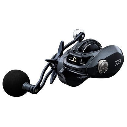 The Daiwa Lexa Type HD 300XS-P 8.1:1 Casting Reel (LX-HD300XS-P) by Daiwa features a corrosion-resistant ball bearing system, shiny metallic handle, and round textured grip, with intricate details and logo on the side. It's elegantly shot against a white background.