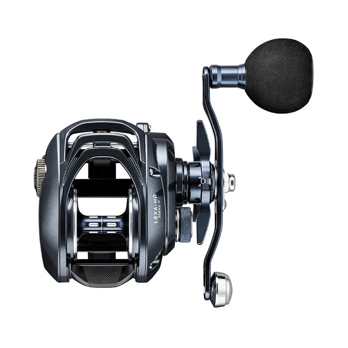 The Daiwa Lexa Type HD 400PWR-P 5.1:1 Casting Reel, in sleek black and silver, features a large handle with an ergonomic grip and intricate detailing. The modern design reel showcases the CRBB Corrosion Resistant Ball Bearing System on a white background for enhanced durability.