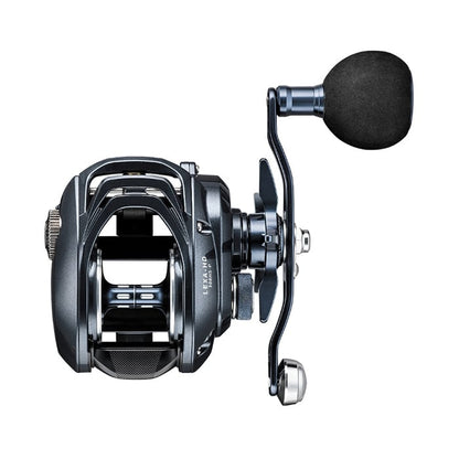 The Daiwa Lexa Type HD 300HSL-P casting reel, designed for precision angling, boasts a metallic finish, ergonomic handle, and advanced features like multiple structures, gears, and corrosion-resistant ball bearings. Its high-tech design is highlighted against a pristine white background.