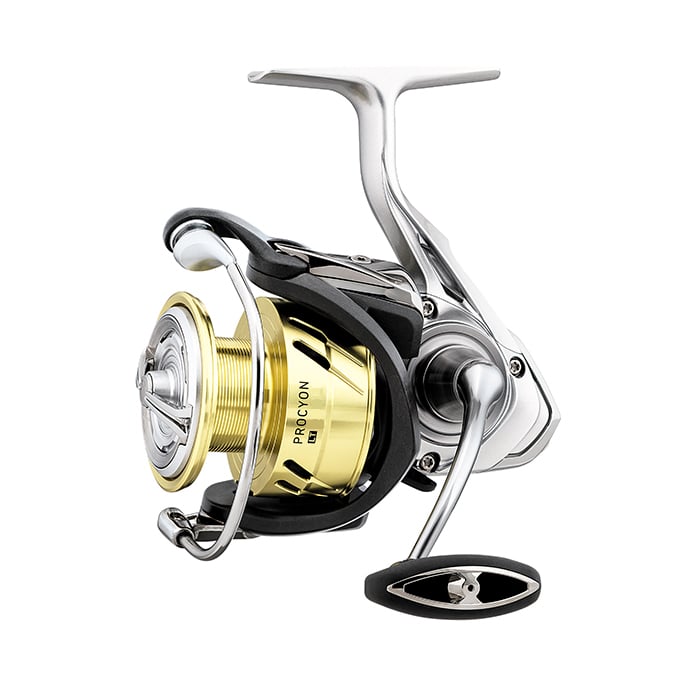 The Daiwa Procyon LT 4000 6.2:1 Spinning Reel (PCNLT4000D-CXH) features a sleek design with a gold and silver spool, black accents, a durable true carbon body, and a stylish silver handle. "Procyon" is proudly displayed on the spool to highlight its premium look.