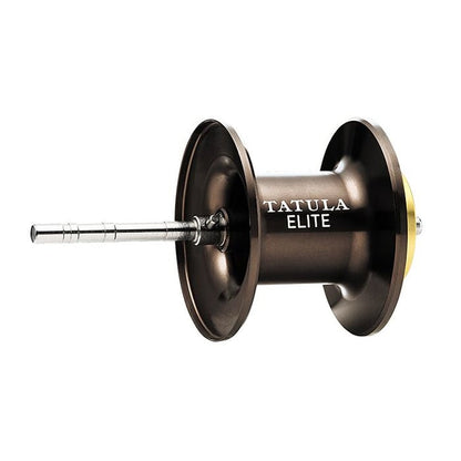 A sleek silver spool featuring the "Daiwa Tatula Elite 100H 6.3:1 Casting Reel | TAEL100H" name is expertly crafted for outstanding distance casting, complete with a long central rod and enhanced by the Magforce braking system, set against a plain white background. Brought to you by americanlegacyfishing.