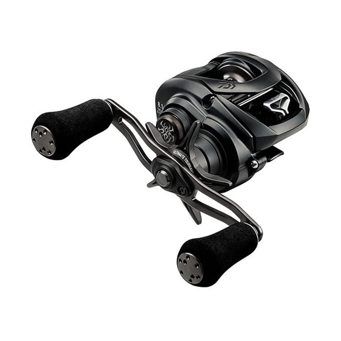 The Daiwa Tatula Elite P/F 103HSL 7.1:1 Left Hand Casting Reel by Daiwa is a black, dual-handled baitcasting reel featuring textured grips, visible branding, and the advanced Magforce system in a sleek design against a white background.