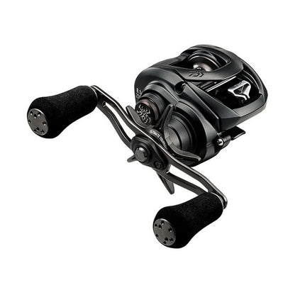 The Daiwa Tatula Elite P/F 103XSL 8.1:1 is a black left-hand baitcasting reel with two ergonomic handles, a sleek design featuring metallic accents, visible branding, and gear mechanisms. It includes the advanced Magforce system for enhanced pitching and flipping performance.