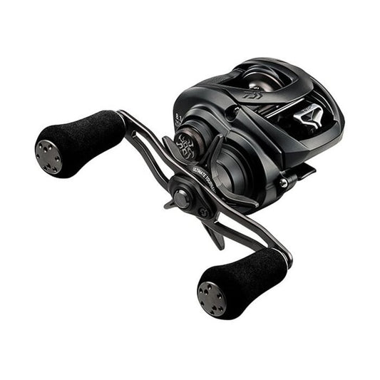 The Daiwa Tatula Elite P/F 103XSL 8.1:1 is a black left-hand baitcasting reel with two ergonomic handles, a sleek design featuring metallic accents, visible branding, and gear mechanisms. It includes the advanced Magforce system for enhanced pitching and flipping performance.
