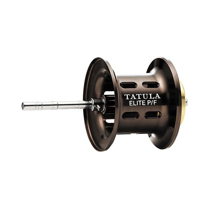 Close-up of a Daiwa Tatula Elite P/F 103HSL spool shows its dark bronze metallic finish with cut-out sections. The spool displays white Tatula Elite branding, emphasizing its advanced Magforce system designed for enhanced precision when pitching and flipping.