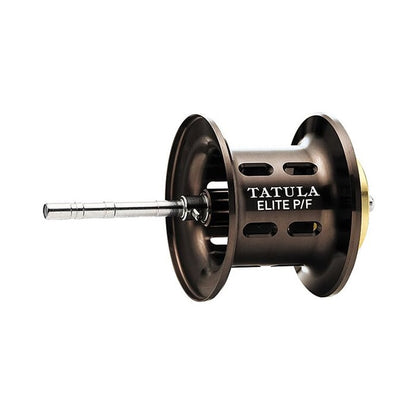 Close-up of the Daiwa Tatula Elite P/F 103XSL 8.1:1 Left Hand Casting Reel spool with a metallic cut-out design, an extending axle, and the Magforce system for top-notch pitching/flipping performance.