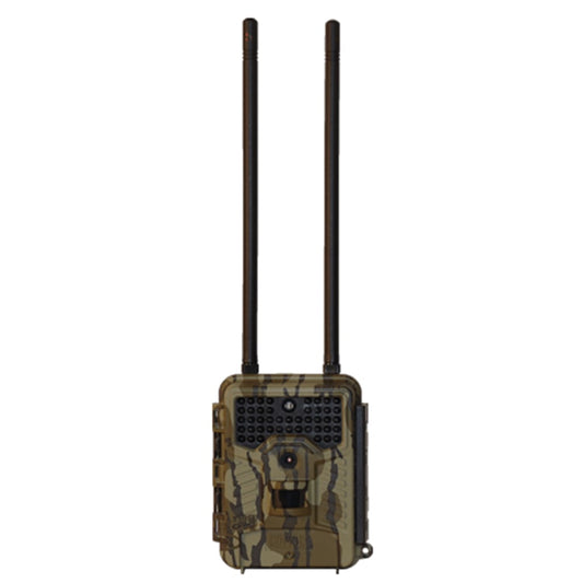 The Covert DLC E1 Verizon Game Camera | 5588 is a camouflage trail camera with LTE, two long antennas, a central lens, and infrared LEDs above it, perfect for outdoor wildlife monitoring on the Verizon network.