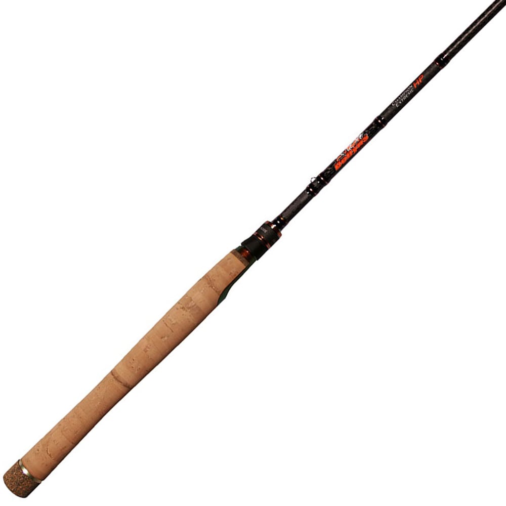 The Dobyns Champion Extreme HP 7'4" Medium Spinning Rod features a textured, ergonomic cork handle, perfect for tournament fishing. The sleek black design with detailed markings ensures precision in every cast.