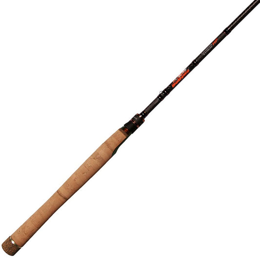 The Dobyns Champion Extreme HP 7'4" Light Spinning Rod (DX741 SF) features a sleek black shaft with a comfortable cork handle, cylindrical grip, and tapered design. Ideal for tournament fishing, it is complemented by a visible logo and model name near the handle.
