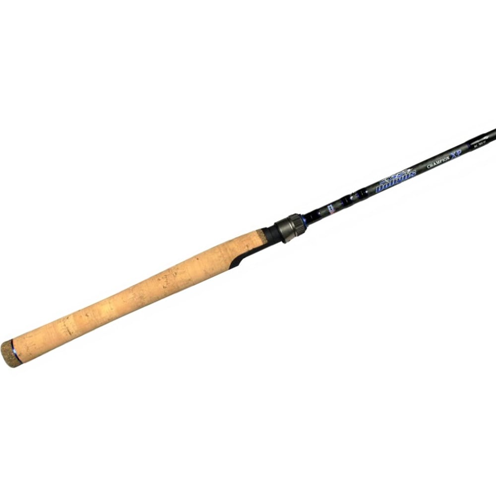 The Dobyns Champion XP 7'6" Medium Spinning Rod features a sleek black body and cork handle, ideal for bass fishing. Its visible reel seat extends gracefully with the Dobyns brand name elegantly printed near the handle.