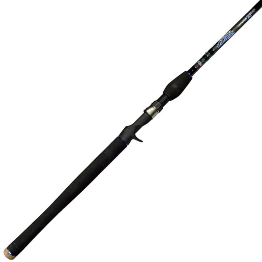 The Dobyns Champion XP 8'0" Heavy Swimbait Rod features a black handle, sleek metallic reel seat, and enhanced Fuji guides, making it ideal for various fishing styles.