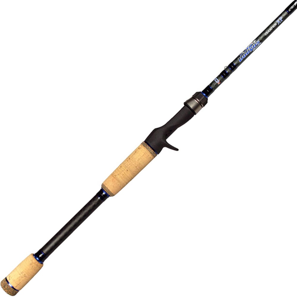 Explore the Dobyns Champion XP 7'3" Heavy Split Grip Casting Rod by americanlegacyfishing, boasting a sleek black design with cork handles, trigger grip, blue accents, Fuji guides, and high modulus graphite for exceptional casting performance.