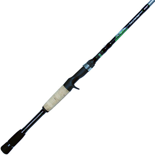 The Dobyns Fury 8'0" Flip Punch Casting Rod (FR 805FLIP/PUNCH) features a black finish, cork handle, black reel seat, and green accents. Crafted from high modulus graphite, this heavy casting rod is shown diagonally on a white background.