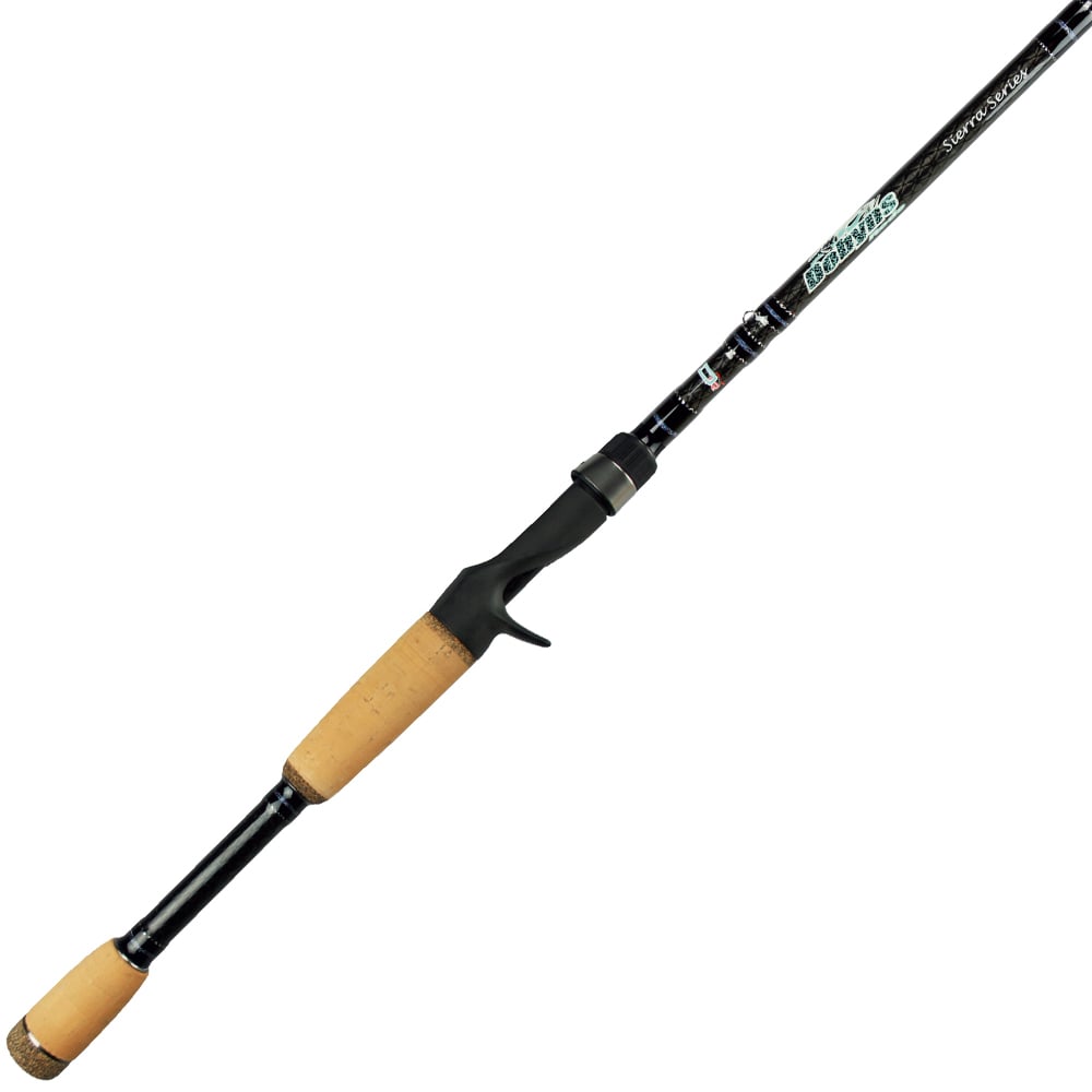 The Dobyns SIERRA Series 7' SA 704C Heavy Casting Rod features cork handles and a glossy, sleek design. It's equipped with Fuji Alconite guides and a trigger grip for a modern, professional appearance.