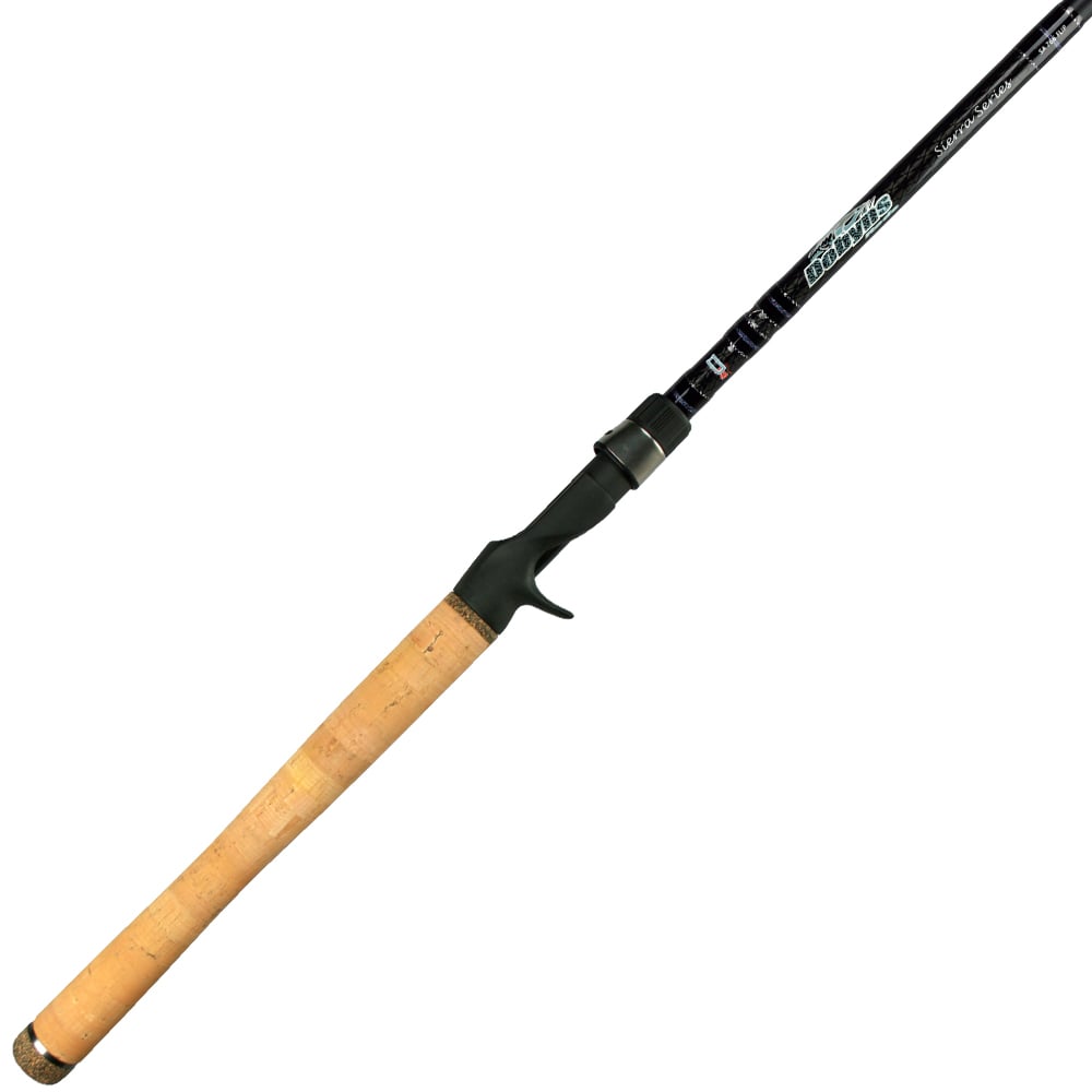 The Dobyns SIERRA Series 7'6" Heavy Flip Casting Rod SA 766FLIP offers a cork handle and black shaft with green accents near the reel seat. Made from high modulus graphite, it features ergonomic grips and Fuji Alconite guides for precision casting.