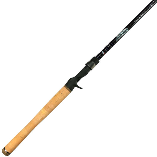 Explore the Dobyns SIERRA Series 7'6" Medium Heavy Flip Rod SA 765FLIP, designed with high modulus graphite blanks and a long cork handle. Its sleek dark shaft and reel seat with trigger grip ensure superior handling for precision casting.