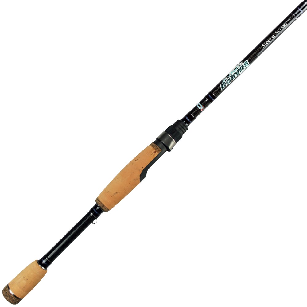 The Dobyns Sierra Series 7' Medium-Light Spinning Rod SA 702SF features cork handles, metallic accents near the grip, and high modulus graphite blanks. Its sleek design is emphasized by a pointed tip.