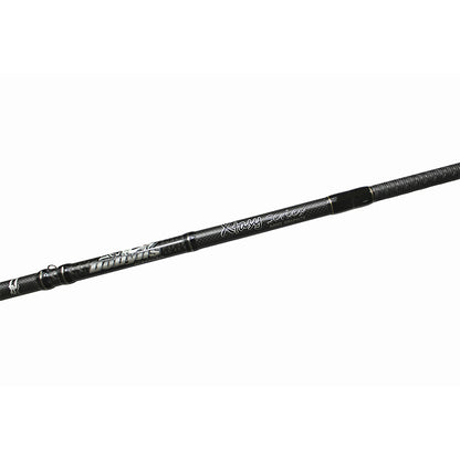 The Dobyns Xtasy 7'5" Medium Heavy Casting Rod features a sleek black design with silver accents and branding, labeled "Xtra Heavy Series." It includes Fuji Torzite guides and a textured grip, set against a plain white background.