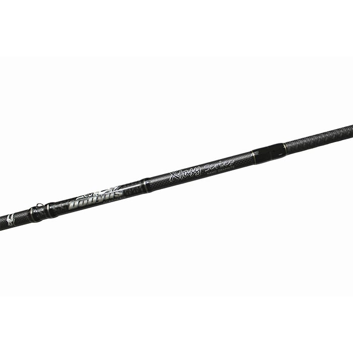 A close-up of a Dobyns Xtasy 7'2" Medium Spinning Rod with "DRX 723SF" on it. Featuring Fuji Torzite guides and a textured grip, it's showcased against a plain white background.
