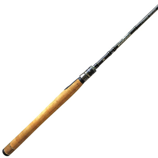 The Dobyns Xtasy 7'5" Medium Spinning Rod | DRX 753SF features a sleek graphite shaft, light brown cork handle, and Fuji Torzite guides for smooth line flow. With its modern design and Nano Material, it's ideal for diverse fishing adventures.