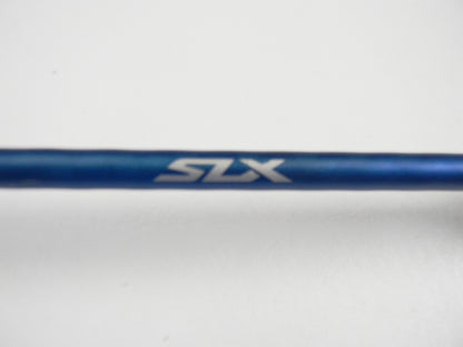 A close-up of a blue Shimano SLX SLXCX610MA 6'10" Medium used casting rod in excellent condition, featuring "SLX" in silver on the surface—ideal for those considering our rod and reel trade-in program.