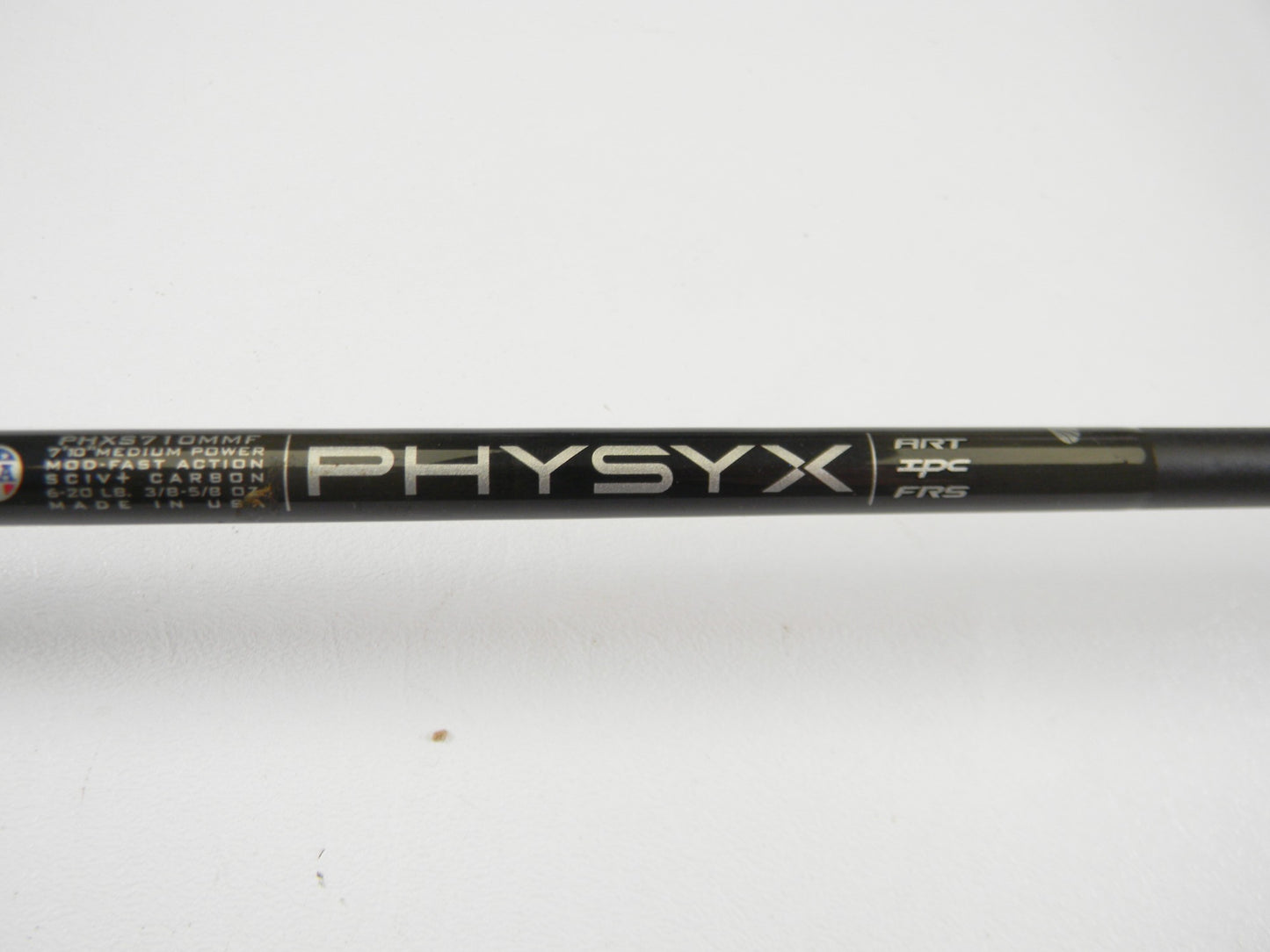 Close-up of a St. Croix Physyx PHXS710MMF 7'10" Medium Used Spinning Rod in very good condition with specs like "ART," "IMPC," and "FRS" on the shaft, plus "Made in USA." Perfect for quality used gear seekers or trade-ins. Plain white background.